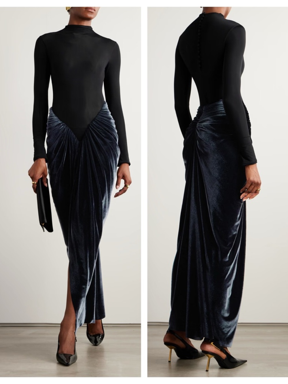 Maygel Coronel Guernica Jersey Gathered Jersey Velvet Maxi Dress in Nightfall